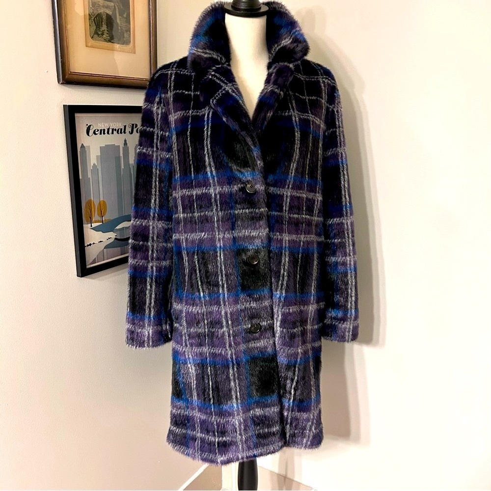 Milly Windowpane Faux Fur Coat SZ M